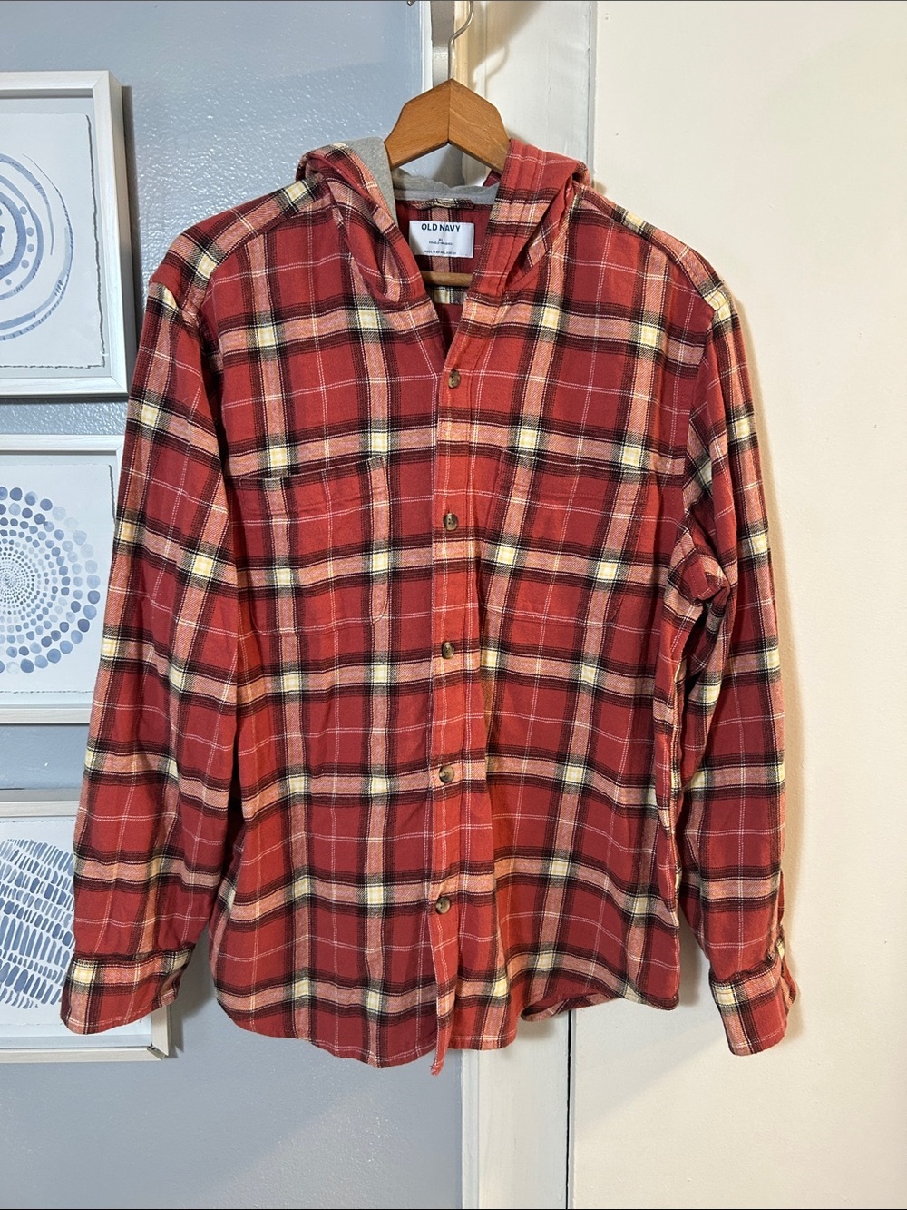 Old Navy Red Plaid Hooded Button-Up Shirt Shacket Jacket Size XL
